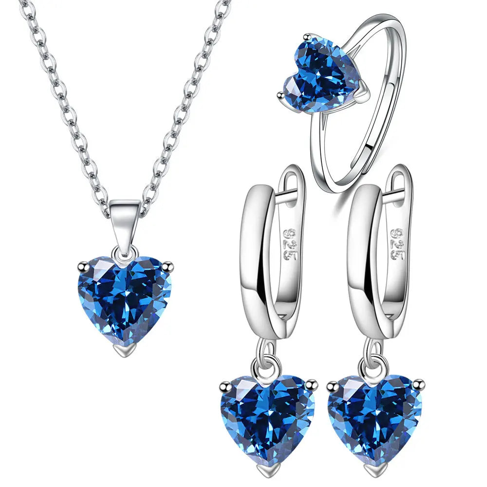 Heart Zirconia Jewelry Set – Elegant 925 Silver Ring, Earrings & Necklace for Bridal Style