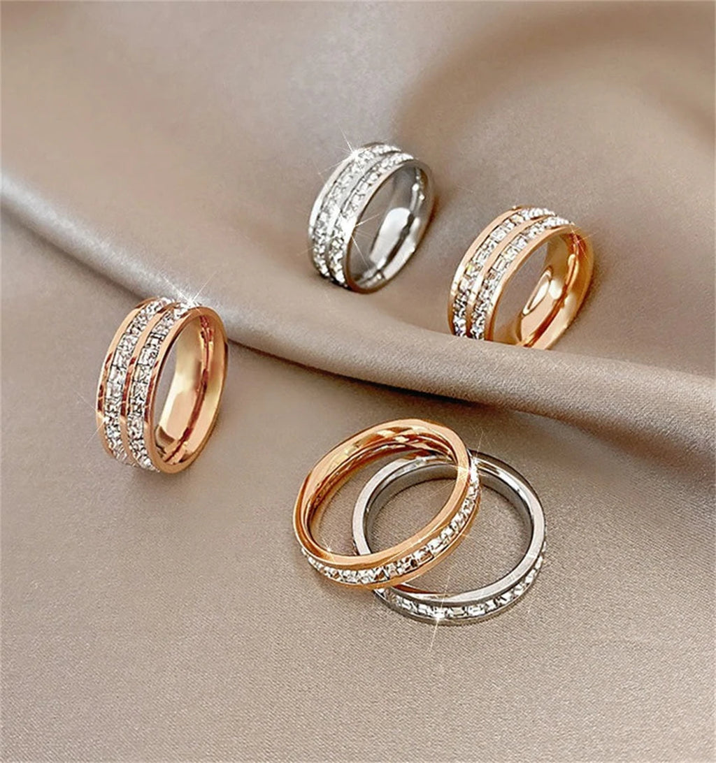 Rose Gold Double-Row Zircon Ring – Romantic Square-Cut Stainless Steel Band for Weddings & Parties