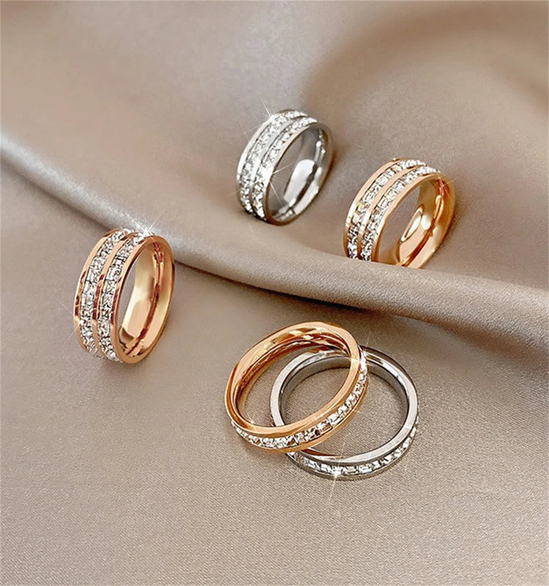 Rose Gold Double-Row Zircon Ring – Romantic Square-Cut Stainless Steel Band for Weddings & Parties