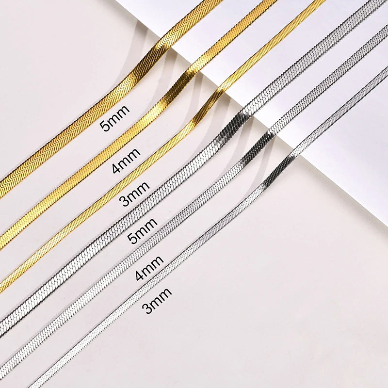 Flat Snake Chain Choker – Unisex Stainless Steel Herringbone Necklace in Gold or Silver