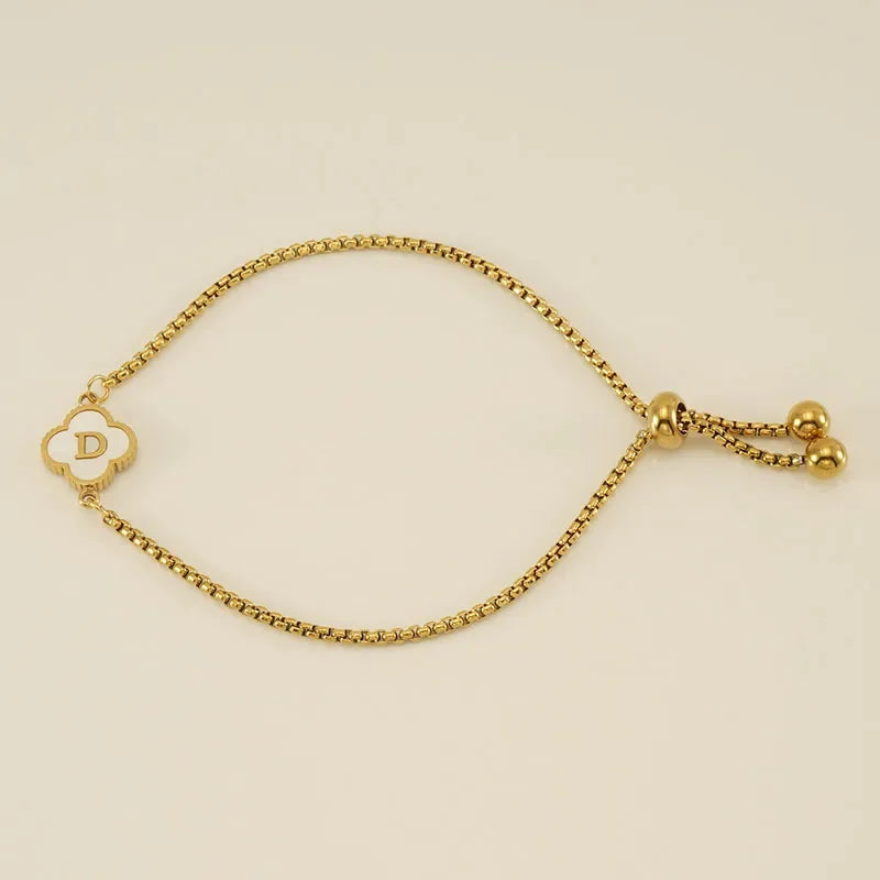 Mother of Pearl Initial Bracelet – A–Z Letter Clover Charm in Gold Stainless Steel