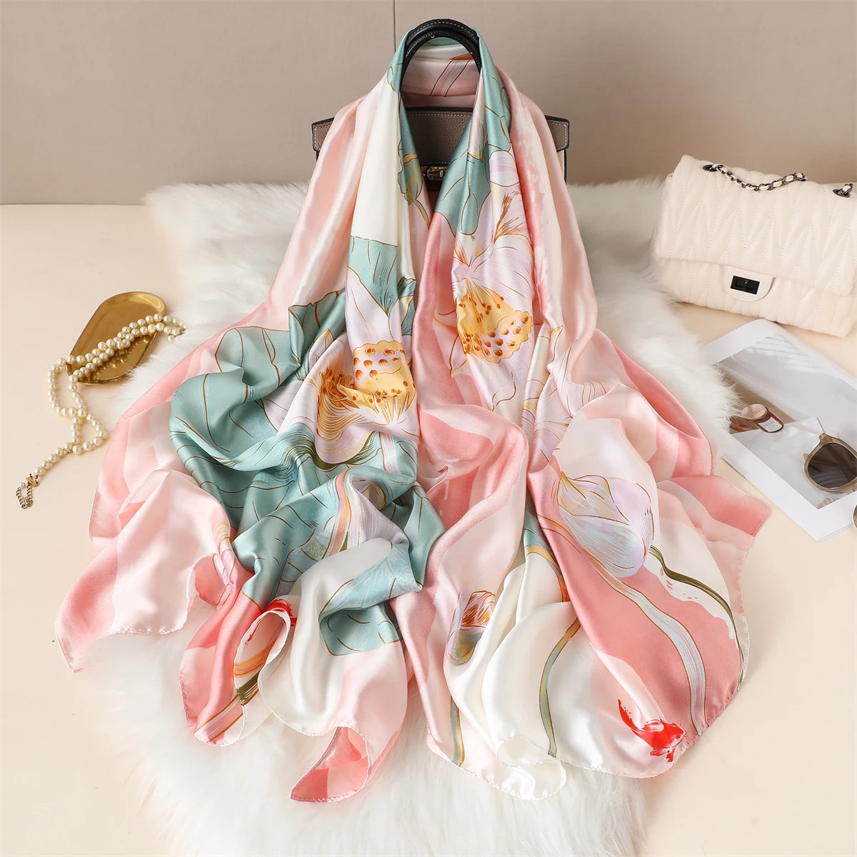 Luxury Silk Satin Scarf –  Large Wrap for Women, Elegant Beach & Hijab Style
