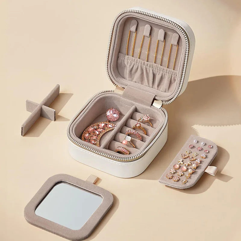 Mini Travel Jewelry Case with Mirror – Compact Organizer for Rings, Earrings & Necklaces