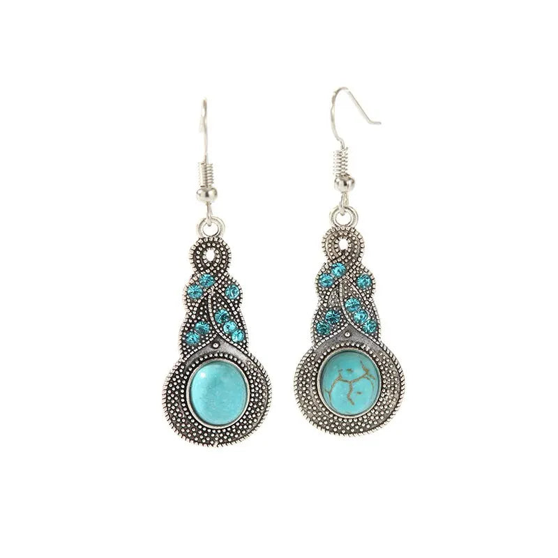 3-Piece Vintage Turquoise Jewelry Set – Blue Crystal Pendant Necklace & Matching Earrings for Men and Women