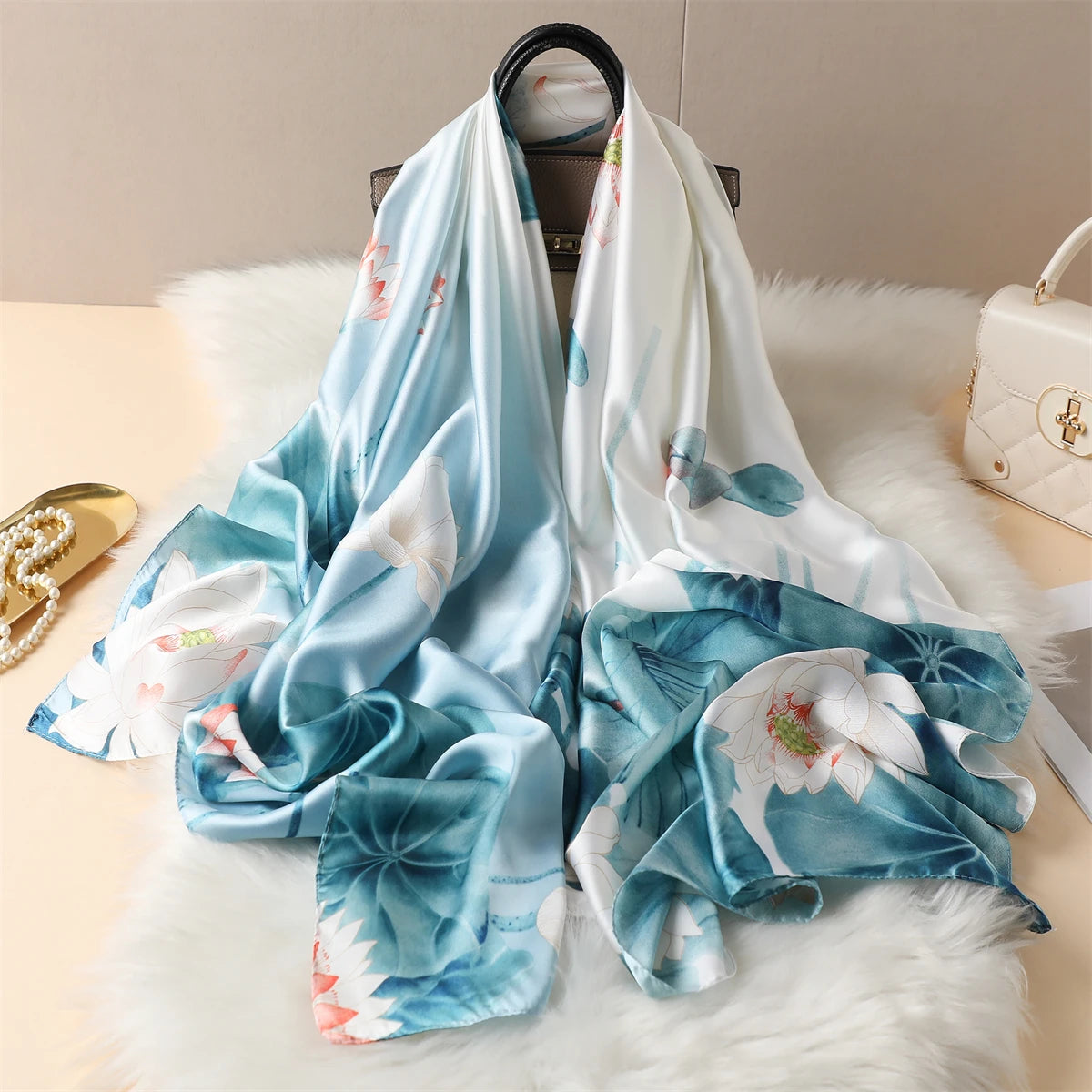 Luxury Silk Satin Scarf –  Large Wrap for Women, Elegant Beach & Hijab Style