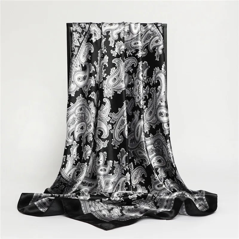 Black Cashew Print Scarf – Trendy Imitation Silk Headscarf for Spring & Summer