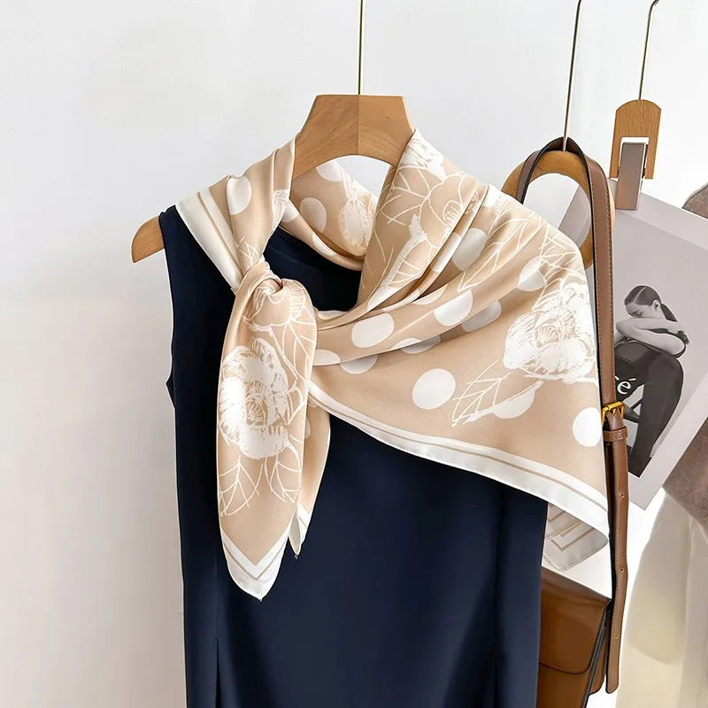 Silk Feel Scarf – Twill Square Wrap with Luxury Tree Print for Hair, Neck & Hijab