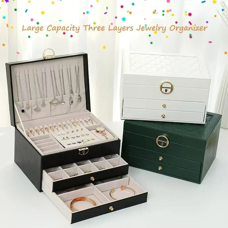 Three-Layer Retro PU Jewelry Box – High-Quality Green Case for Necklaces, Earrings, Rings & Bracelets
