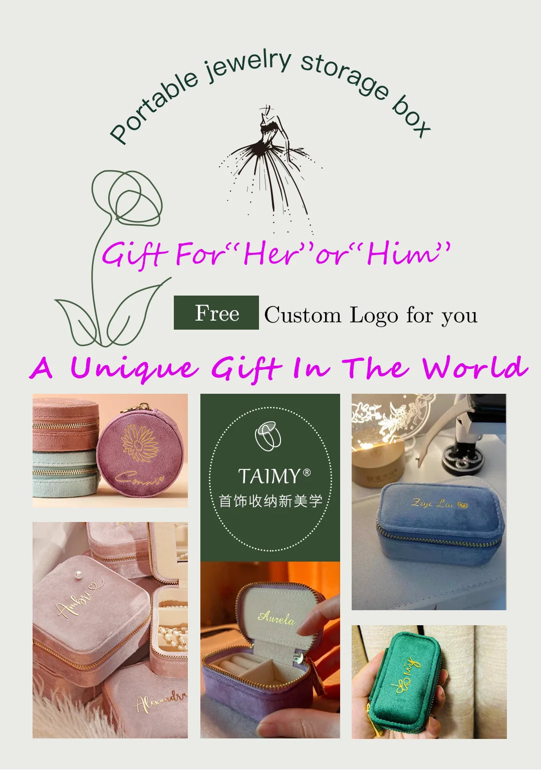 TAIMY Vintage Velvet Jewelry Box – Retro Green Travel Ring Case with Mirror