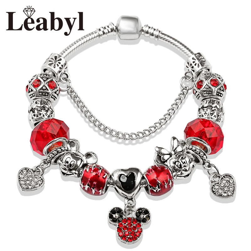 Disney Pink Crystal Charm Bracelet – Colorful Handmade Enamel Beads for Women