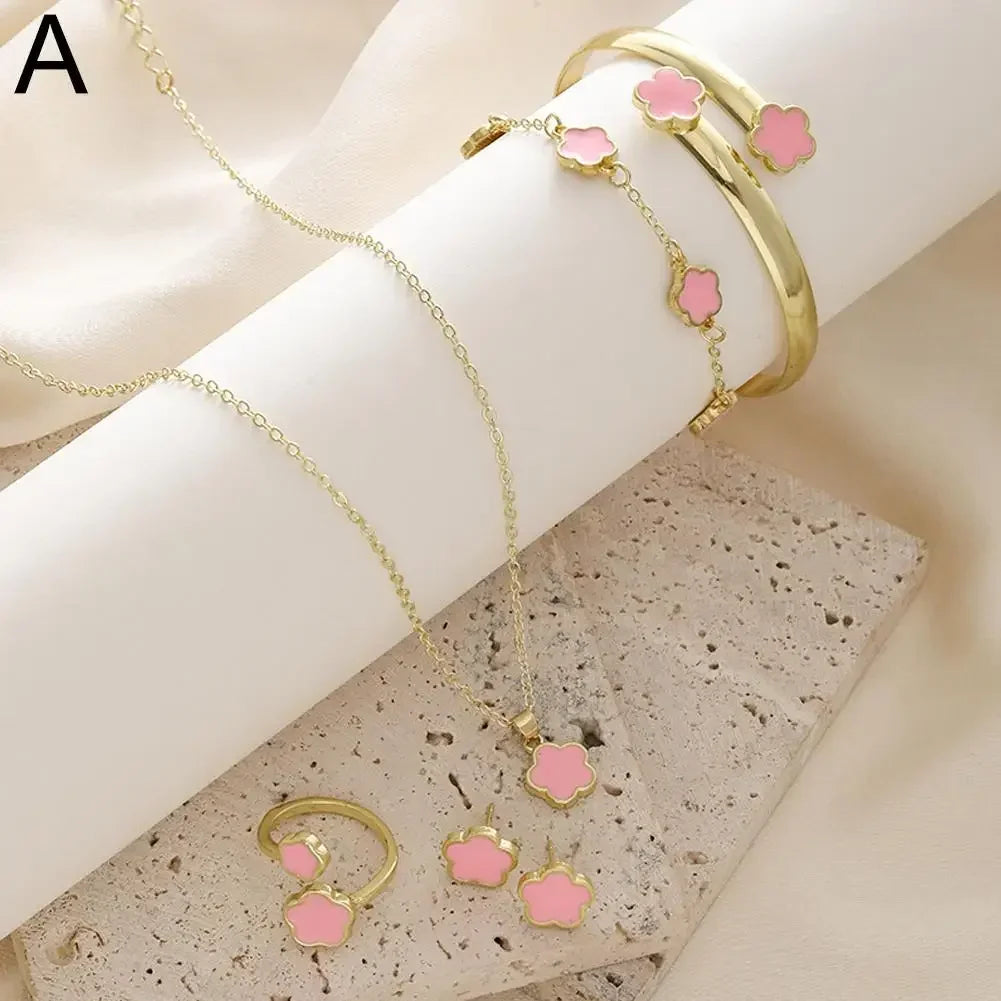 5-Piece Plum Blossom Jewelry Set – Elegant Floral Earrings, Ring, Bracelet & Necklace Gift Set