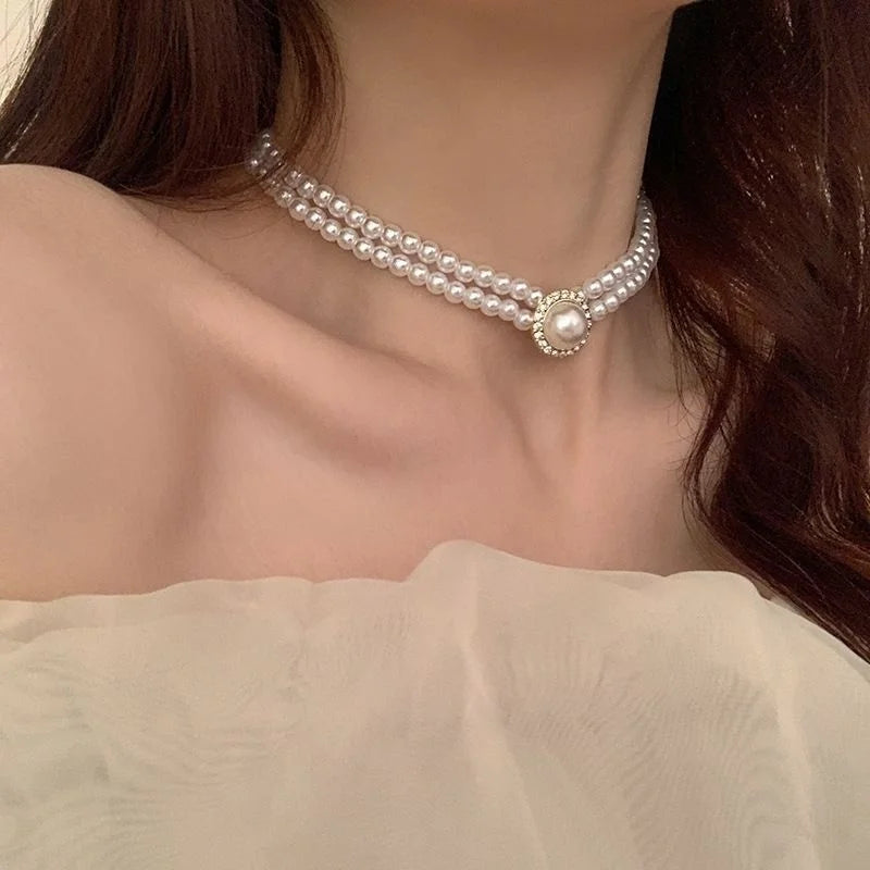 Baroque Pearl Choker – Luxury Triple-Layer Beaded Necklace for Weddings & Parties