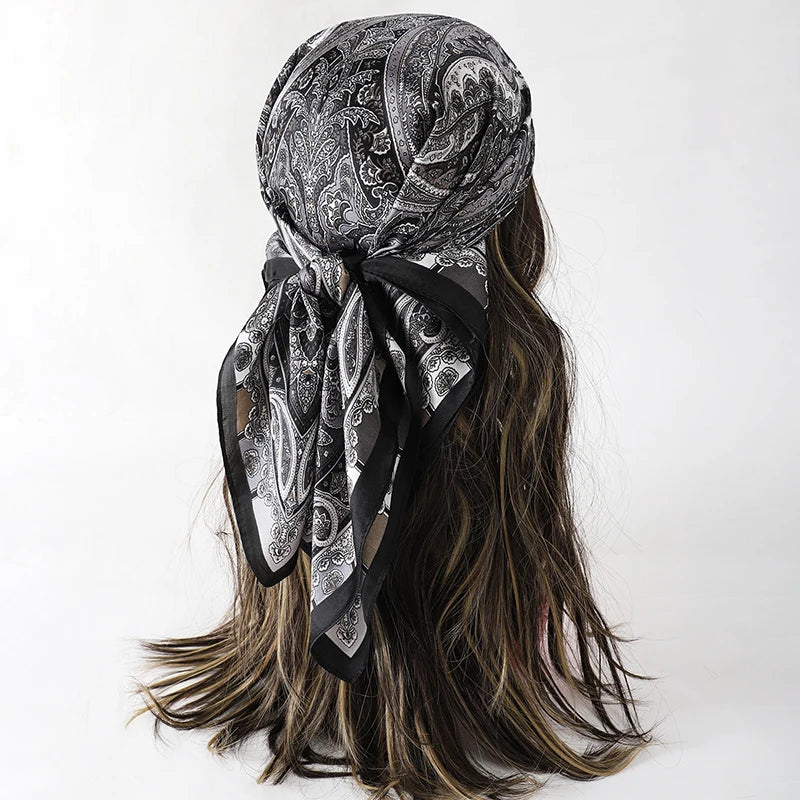 Bohemian Floral Silk Scarf – Luxury Square Satin Wrap for Hair, Neck & Hijab