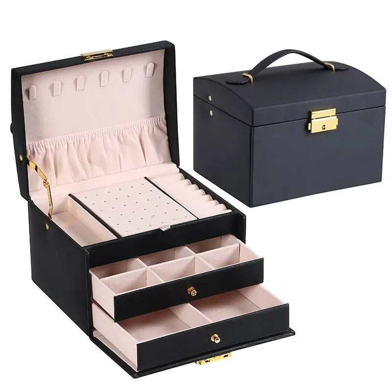 Three-Layer Leather Drawer Jewelry Box – Multi-Functional Storage with Lock for Earrings & Accessories