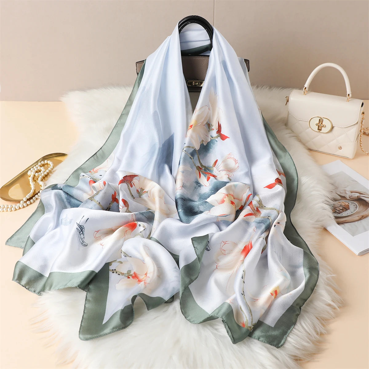 Luxury Silk Satin Scarf –  Large Wrap for Women, Elegant Beach & Hijab Style