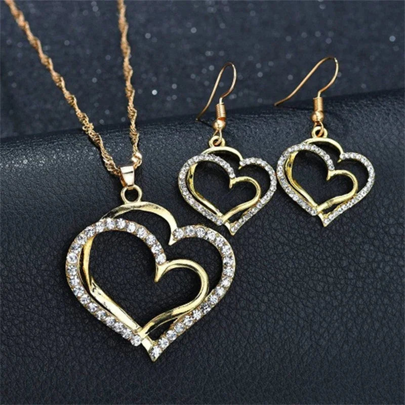3-Piece Double Heart Jewelry Set – Rhinestone Necklace & Earrings for Women