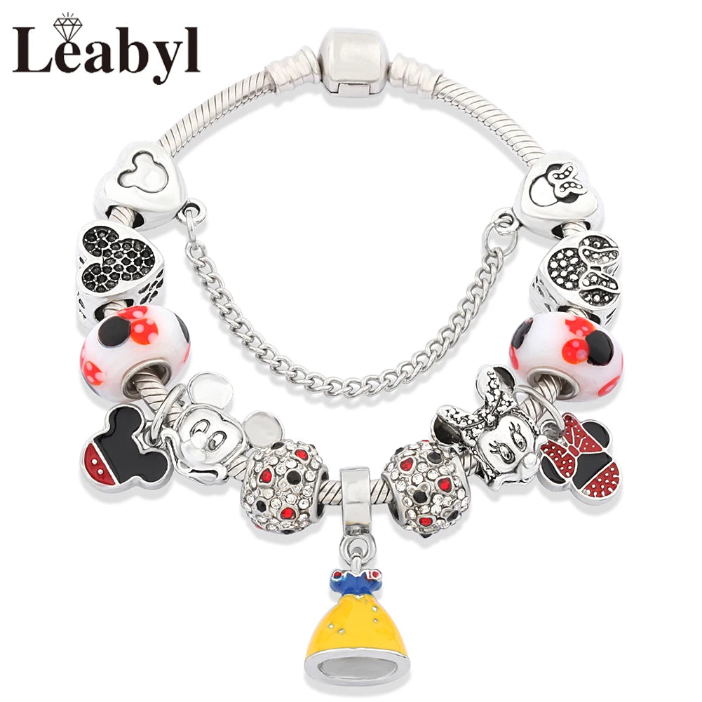 Disney Pink Crystal Charm Bracelet – Colorful Handmade Enamel Beads for Women