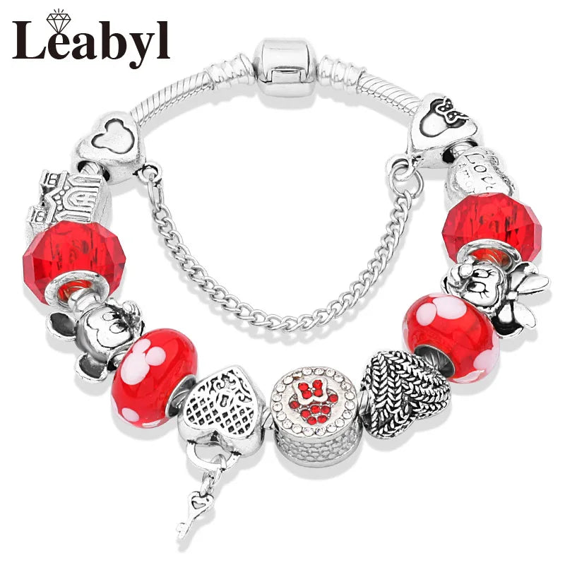 Disney Pink Crystal Charm Bracelet – Colorful Handmade Enamel Beads for Women