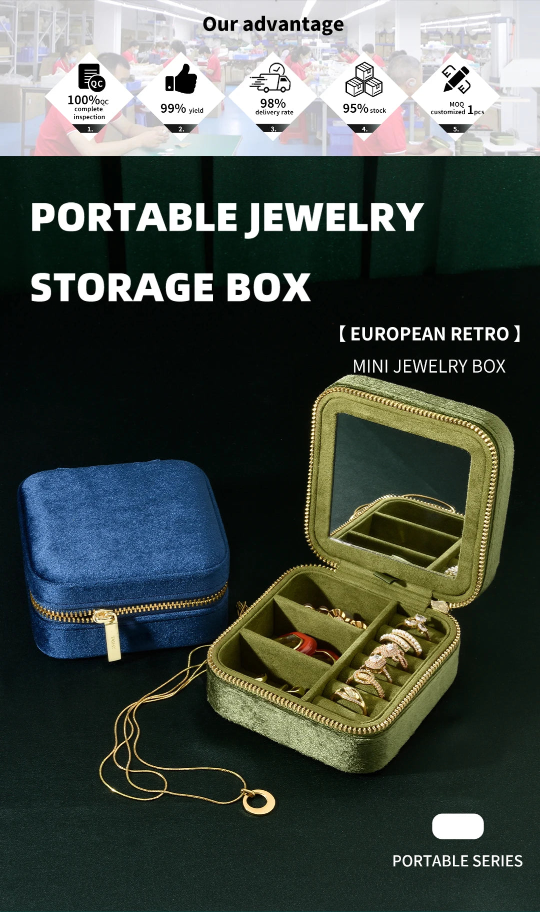 TAIMY Vintage Velvet Jewelry Box – Retro Green Travel Ring Case with Mirror