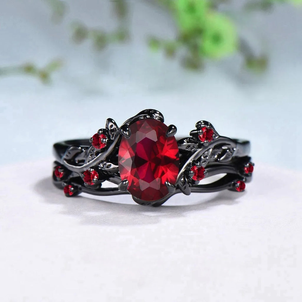 Couple Ring Set – Red Rhinestone Women’s Band & Stainless Steel Celtic Dragon Men’s Ring, Romantic Wedding Style