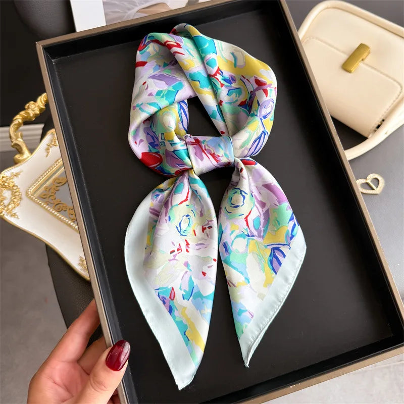 Bohemian Floral Silk Scarf – Luxury Square Satin Wrap for Hair, Neck & Hijab