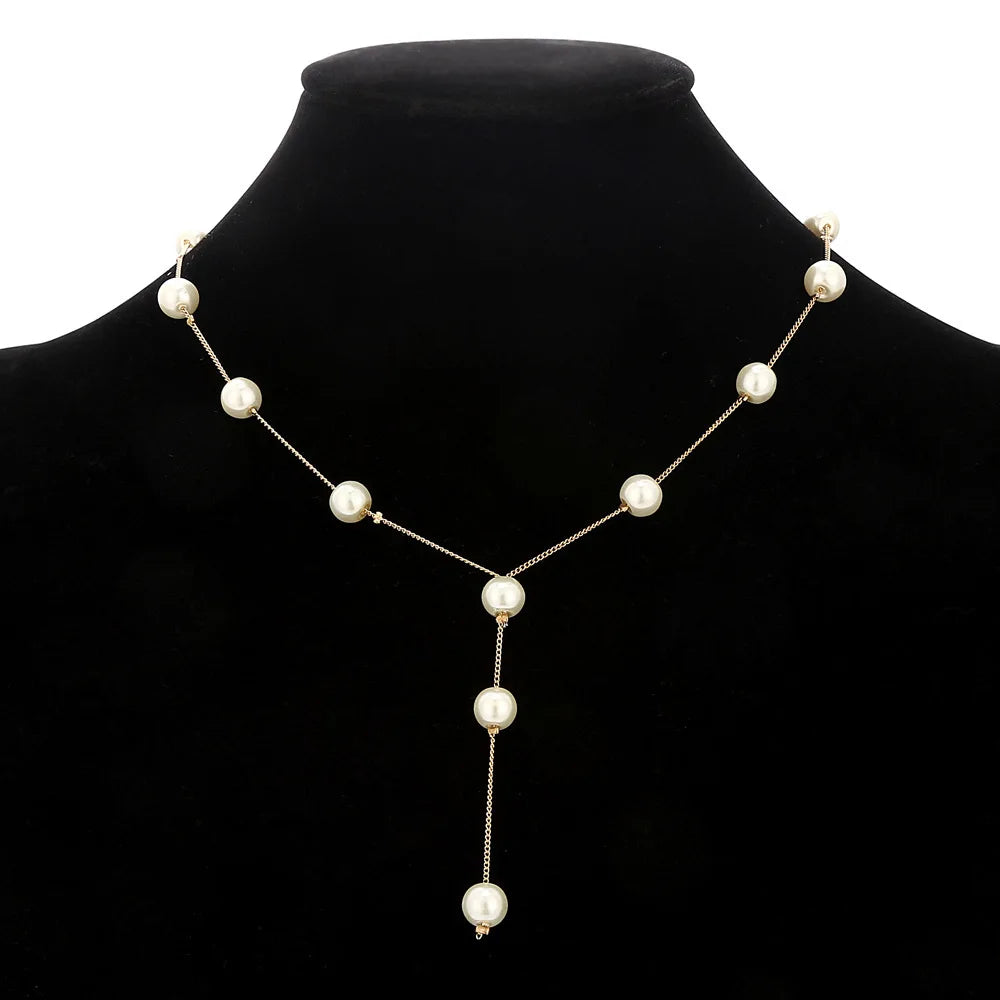 4-Piece Gold Jewelry Set – Elegant Imitation Pearl Necklace, Earrings & Bracelet with Tassel Details
