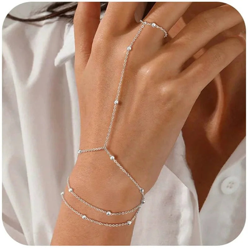 Minimalist Chain Hand Bracelet – Delicate Finger-Connected Design with Vintage Bead Details