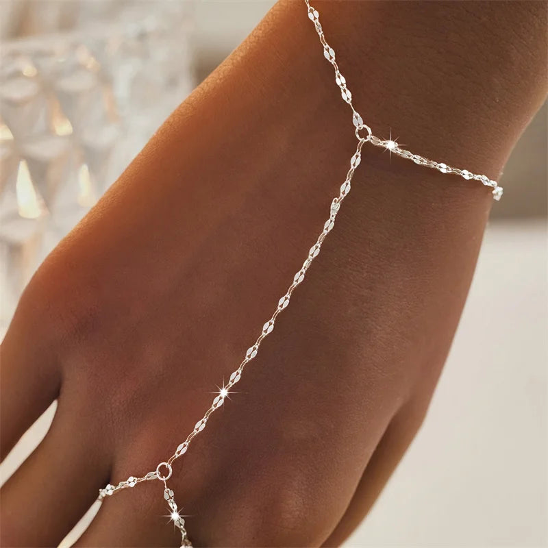 Minimalist Chain Hand Bracelet – Delicate Finger-Connected Design with Vintage Bead Details