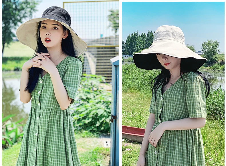 Wide Brim UPF 50+ Sun Hat – Double-Sided Anti-UV Beach & Hiking Cap for Women