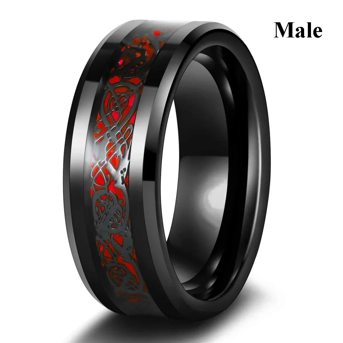 Couple Ring Set – Red Rhinestone Women’s Band & Stainless Steel Celtic Dragon Men’s Ring, Romantic Wedding Style