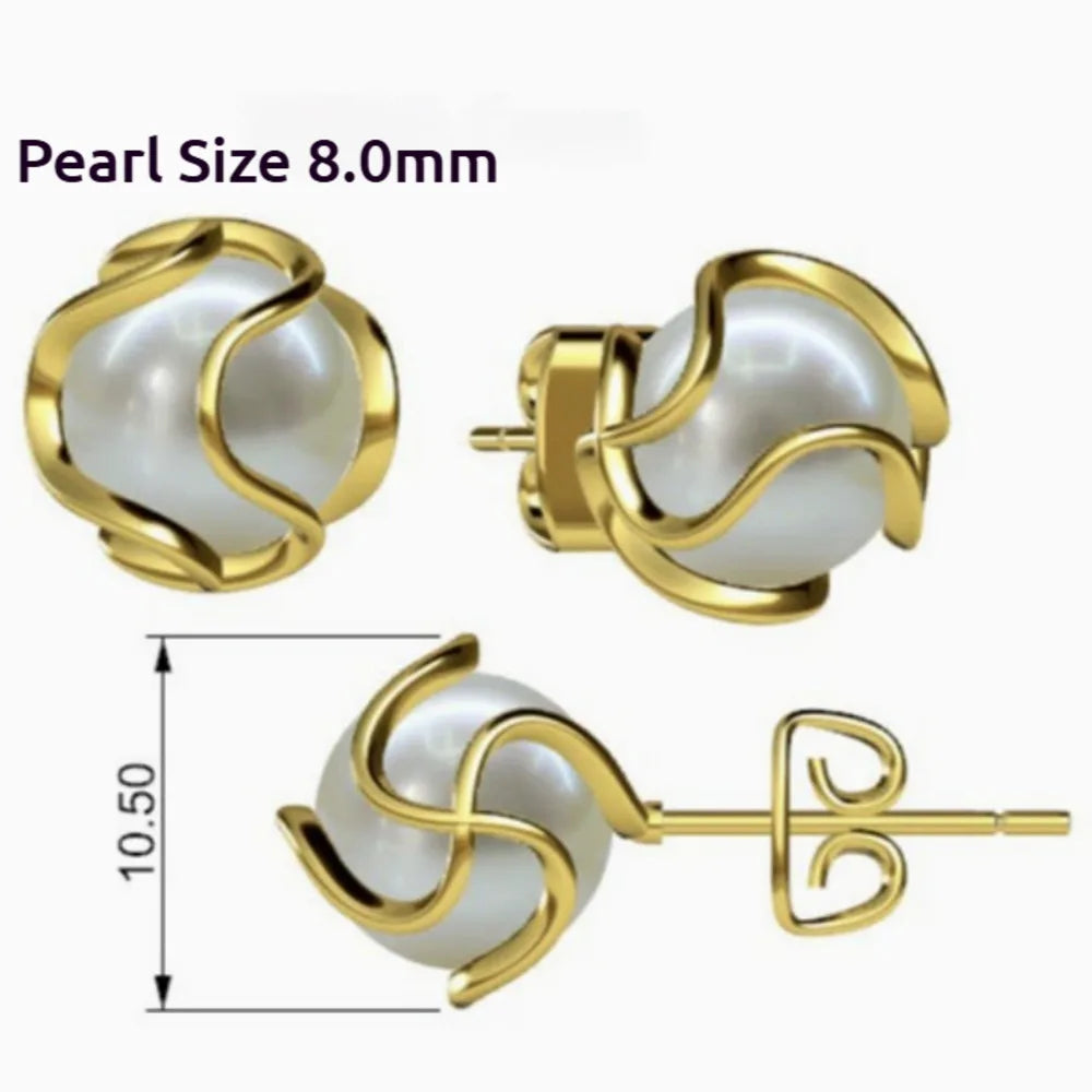 8 mm Freshwater Pearl Studs – Gold-Plated Caged Design, Elegant Wedding Gift for Women