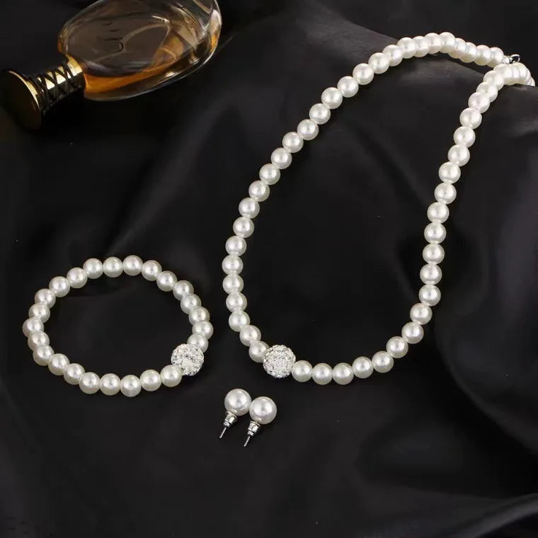 3-Piece Pearl Fireball Jewelry Set – Elegant Silver Necklace, Bracelet & Stud Earrings for Brides