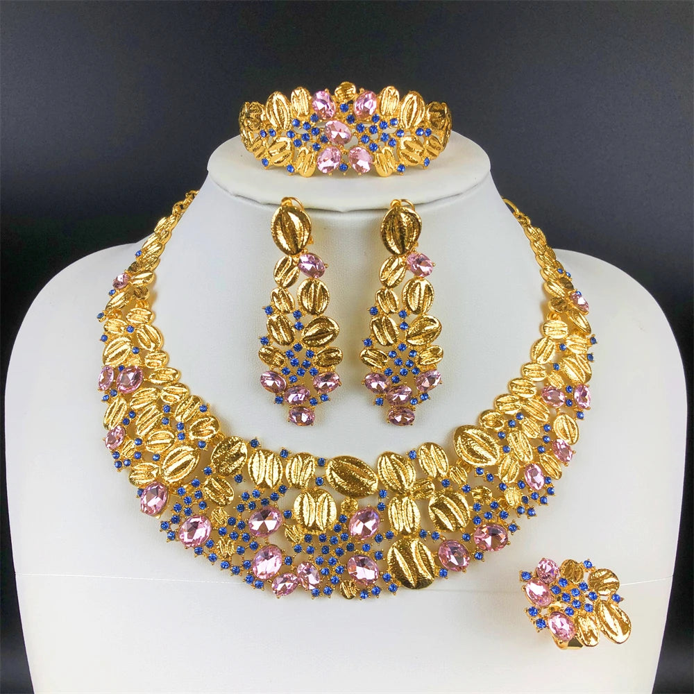 ESALE Vintage Opal Jewelry Set – Luxury 18K Gold Plated Necklace, Earrings, Bracelet & Ring