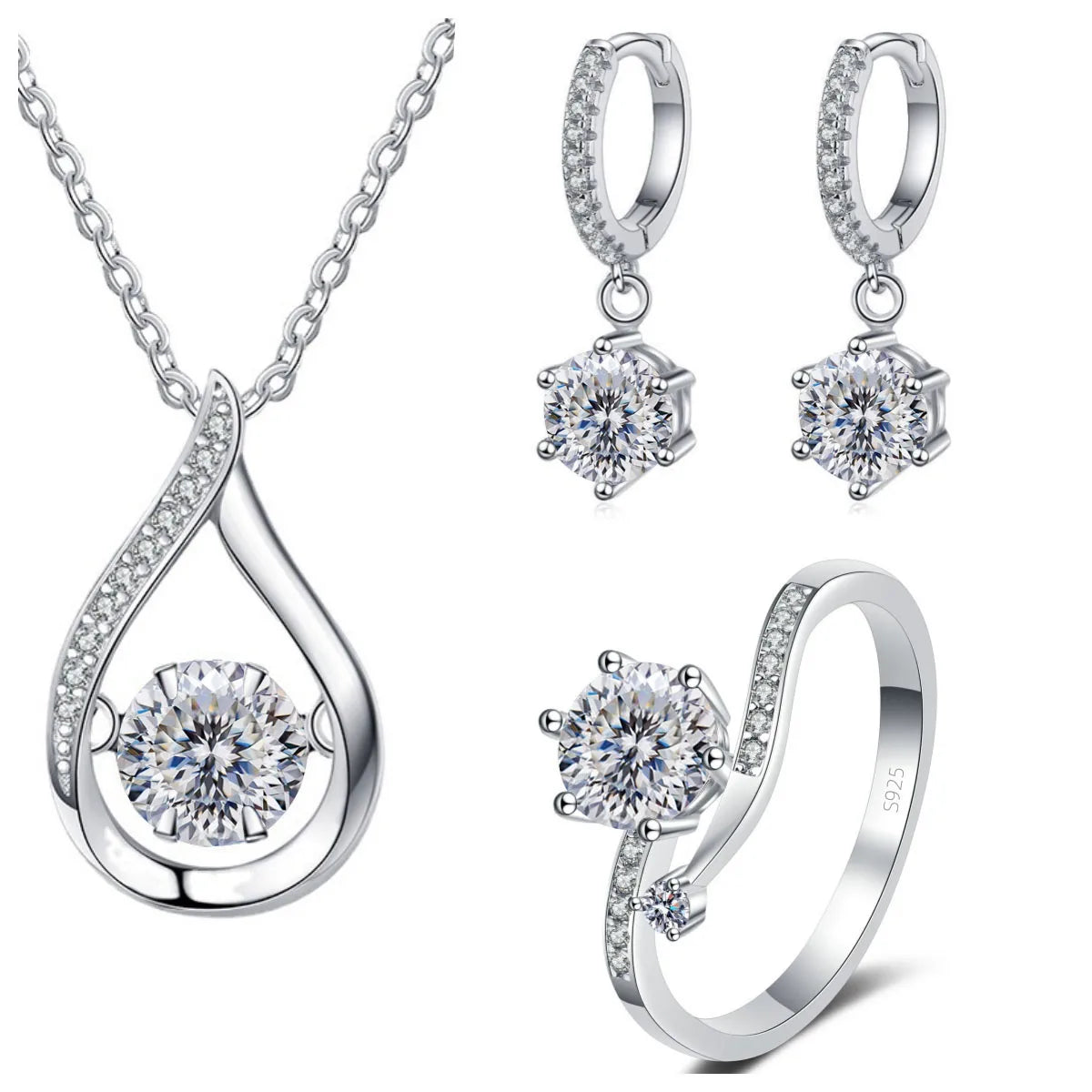 925 Silver Moissanite Jewelry Set – Solitaire Necklace, Ring & Stud Earrings for Men or Women