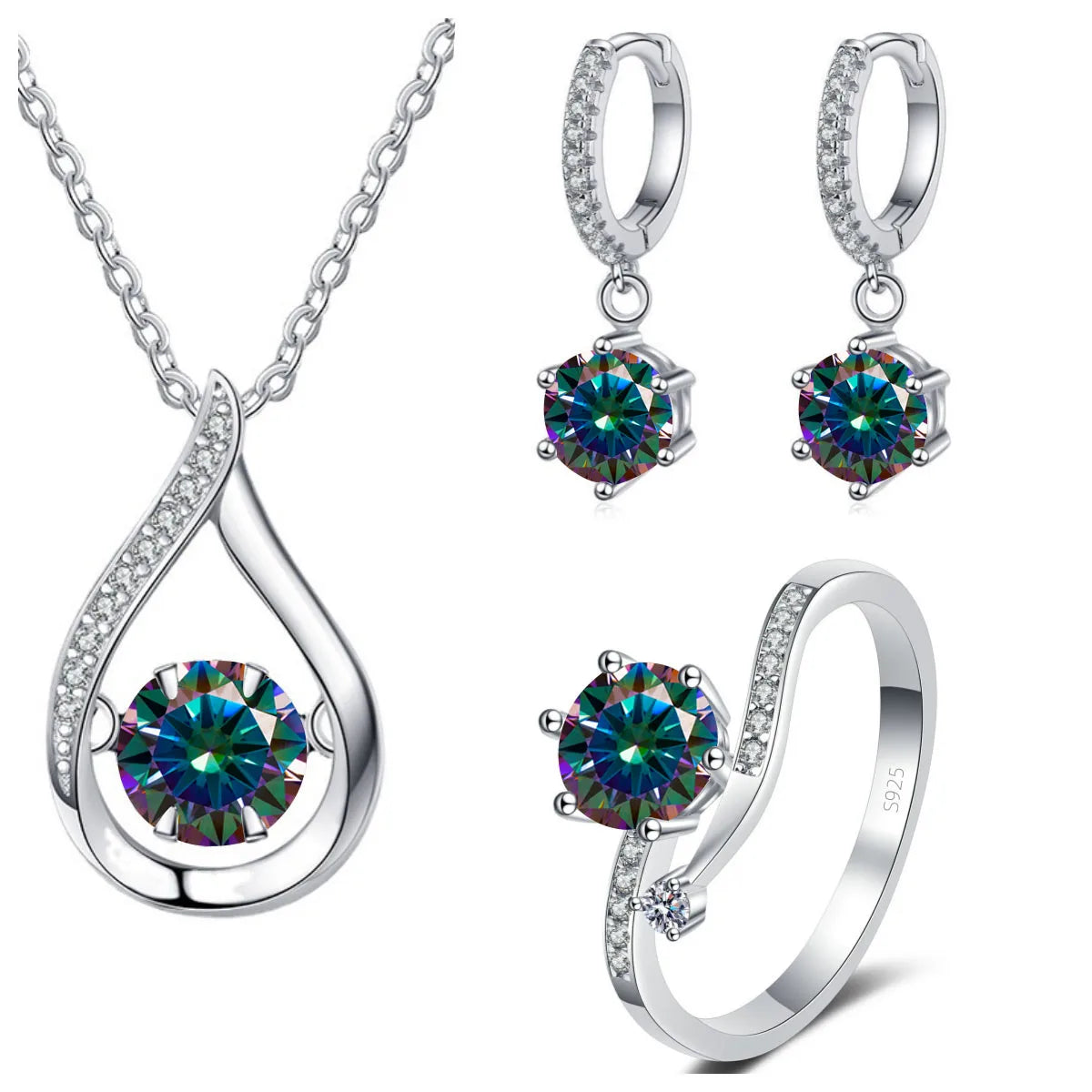925 Silver Moissanite Jewelry Set – Solitaire Necklace, Ring & Stud Earrings for Men or Women