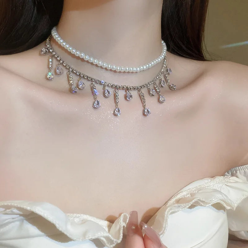 Luxury Crystal Rhinestone Choker – Multi-Layer Pearl Chain Necklace for Parties & Weddings