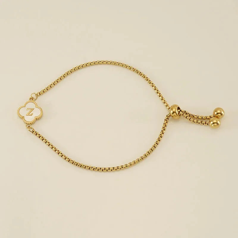 Mother of Pearl Initial Bracelet – A–Z Letter Clover Charm in Gold Stainless Steel
