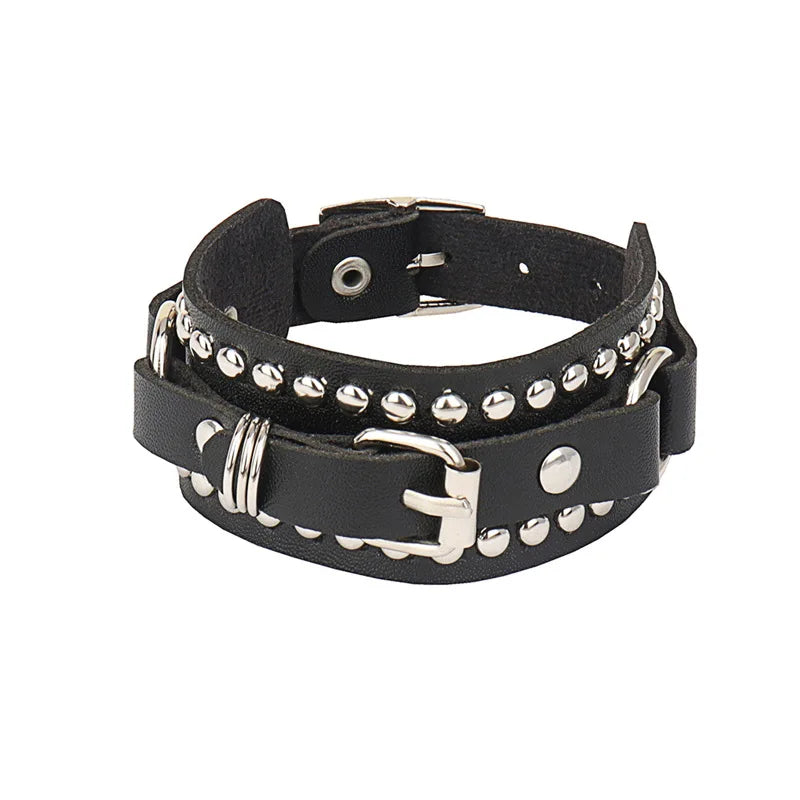 Punk Studded Leather Bracelet – Adjustable Gothic Rivet Cuff for Men & Women
