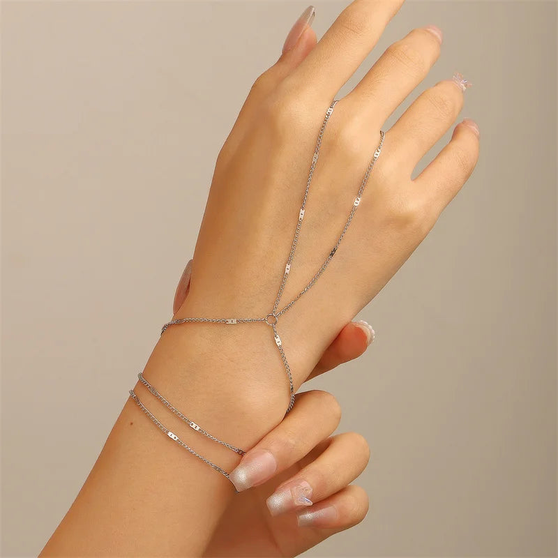 Minimalist Chain Hand Bracelet – Delicate Finger-Connected Design with Vintage Bead Details