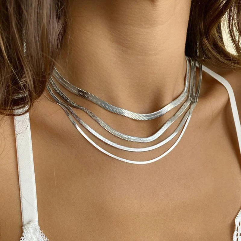 Flat Snake Chain Choker – Unisex Stainless Steel Herringbone Necklace in Gold or Silver