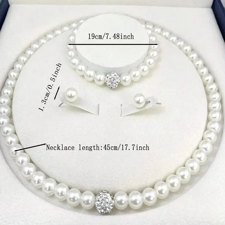 3-Piece Pearl Fireball Jewelry Set – Elegant Silver Necklace, Bracelet & Stud Earrings for Brides