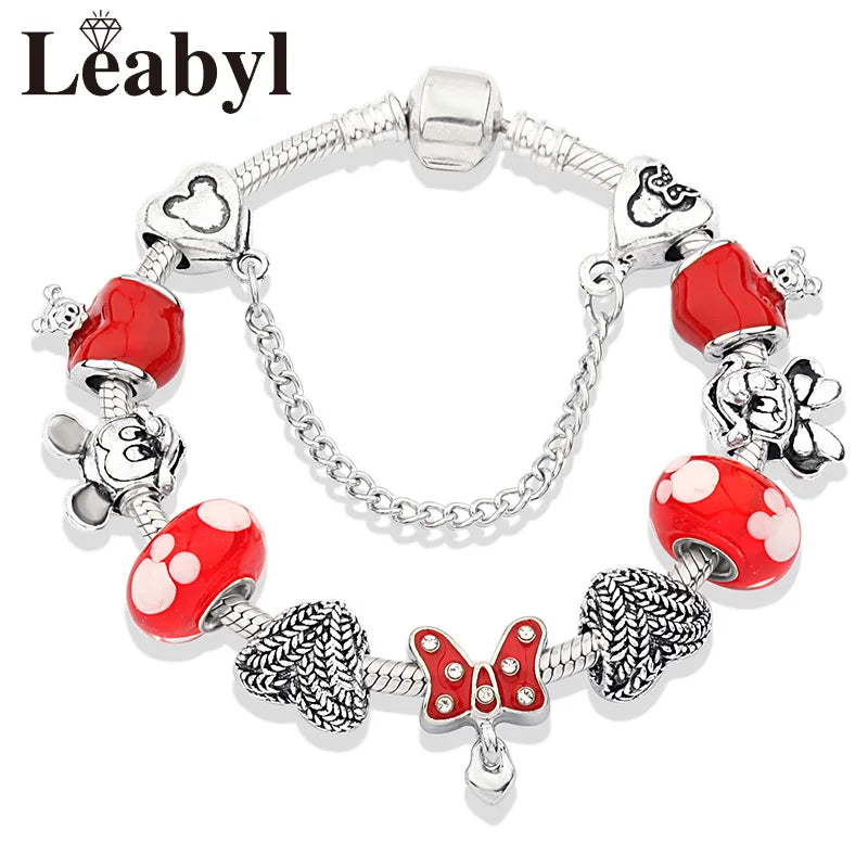 Disney Pink Crystal Charm Bracelet – Colorful Handmade Enamel Beads for Women