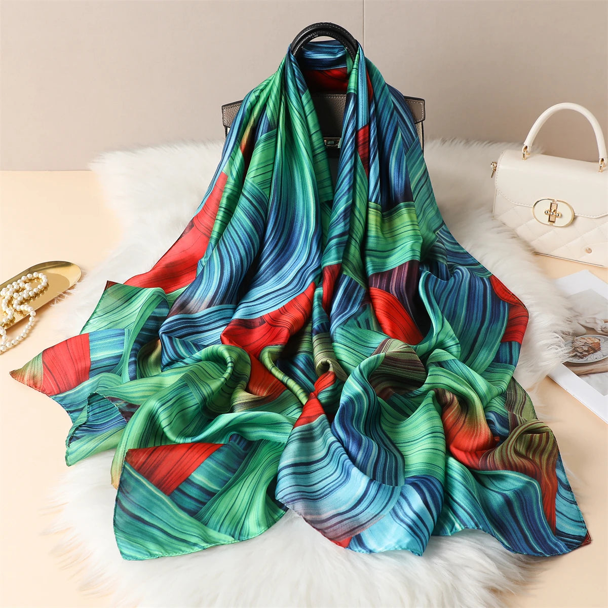 Luxury Silk Satin Scarf –  Large Wrap for Women, Elegant Beach & Hijab Style