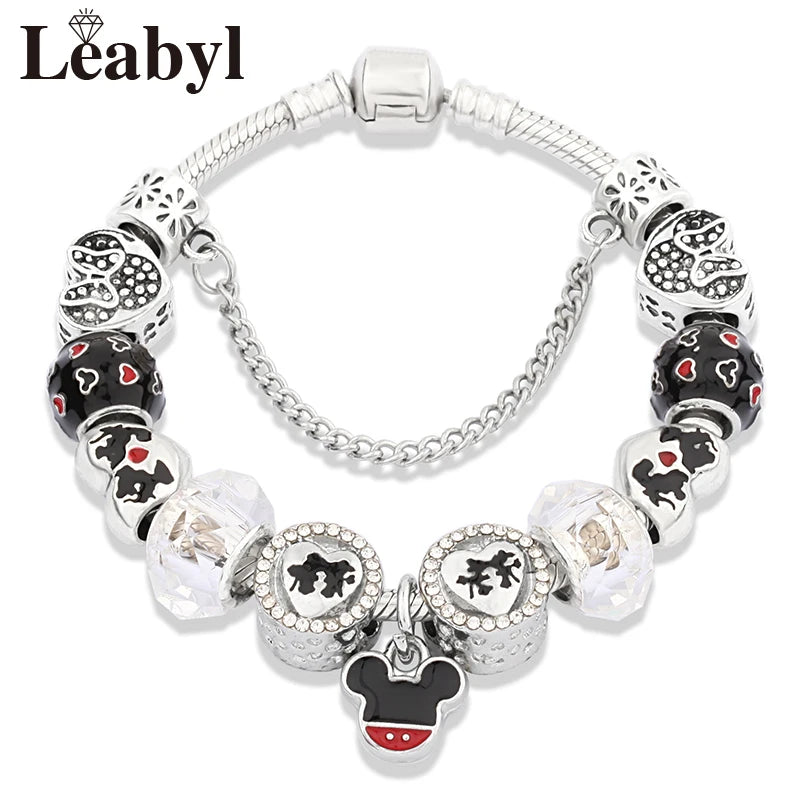 Disney Pink Crystal Charm Bracelet – Colorful Handmade Enamel Beads for Women