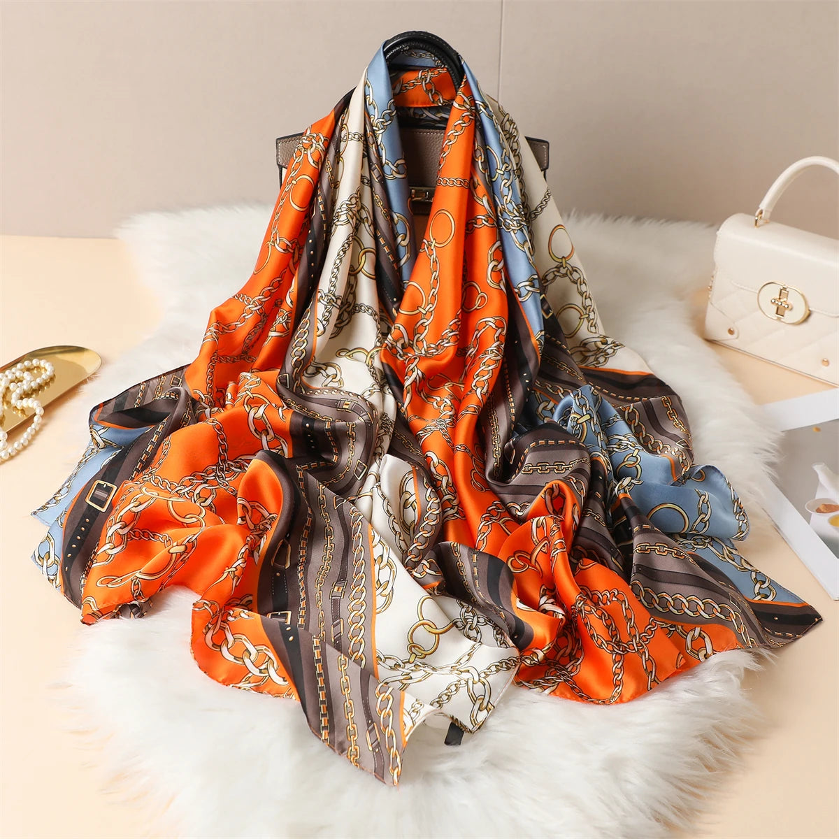 Luxury Silk Satin Scarf –  Large Wrap for Women, Elegant Beach & Hijab Style