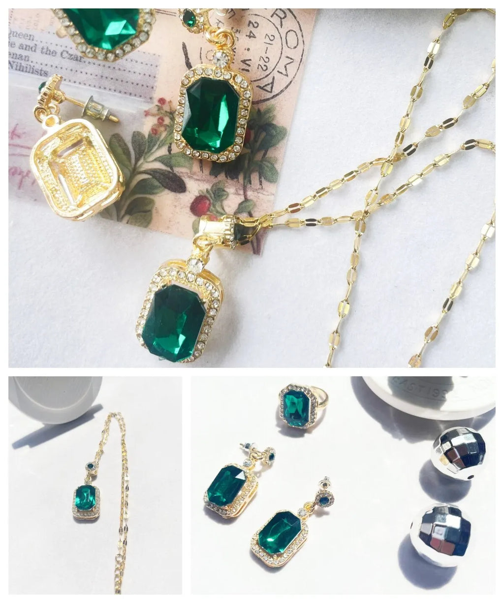 Emerald Crystal Titanium Steel Jewelry Set – Light Luxury Pendant, Ring & Earrings for Women