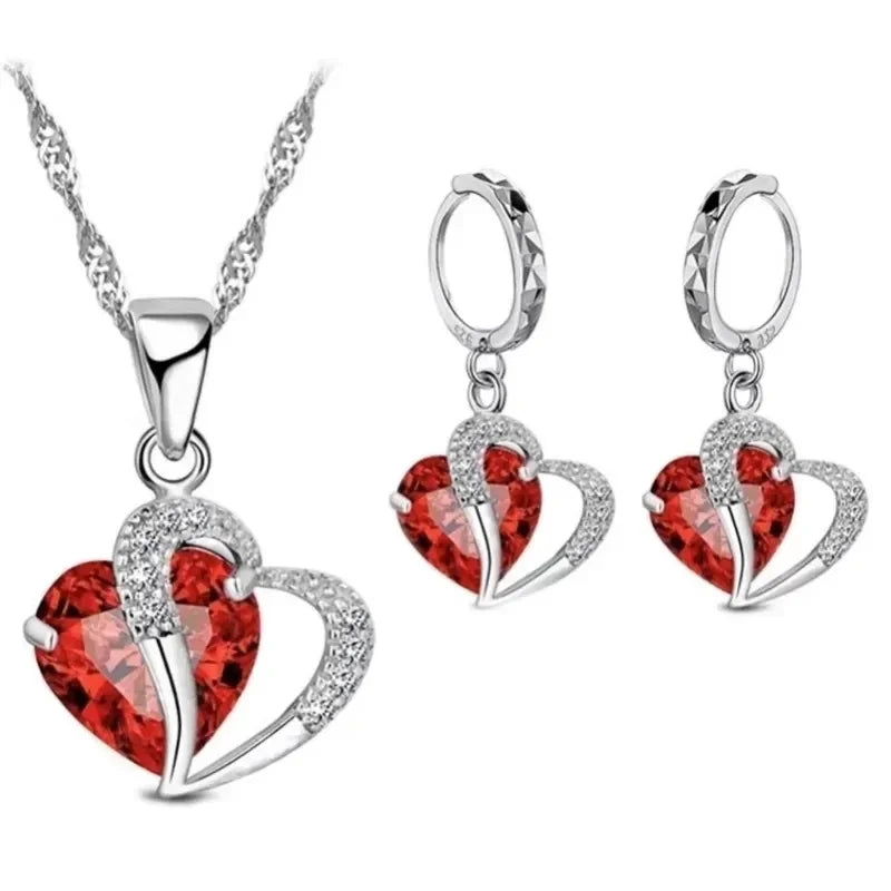 2-Piece Heart Jewelry Set – Metal Necklace & Earrings with Blue Glass Stone & CZ Gem Accents