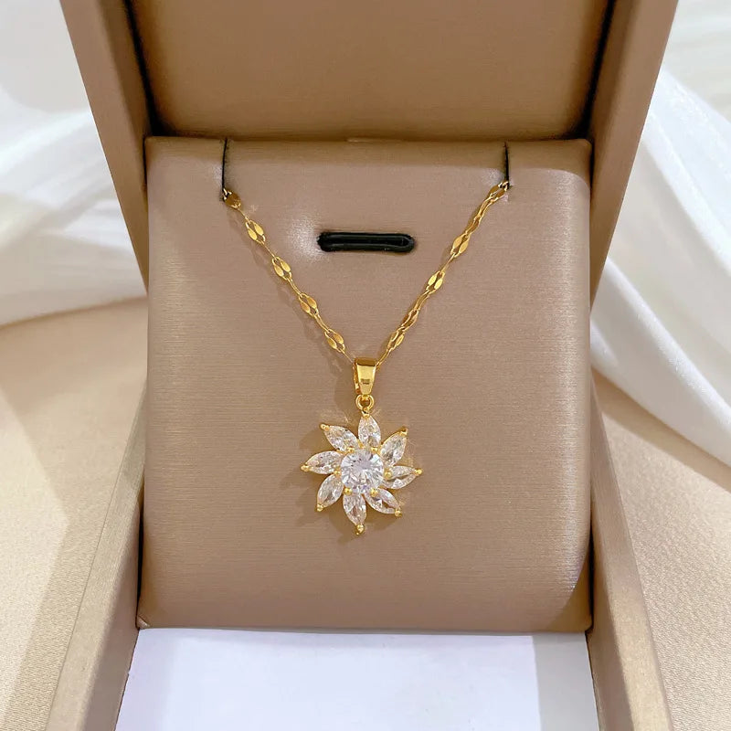 316L Stainless Steel Zircon Flower Necklace – Trendy Luxury Clavicle Pendant for Women & Girls