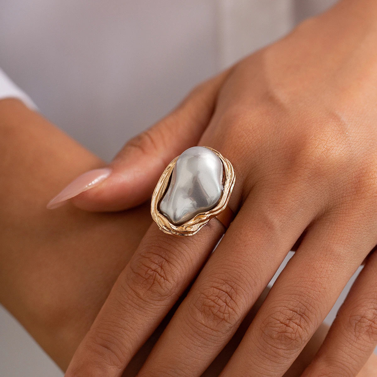 Lacteo Punk Baroque Pearl Ring – Adjustable Alloy Open Design for Weddings & Banquets
