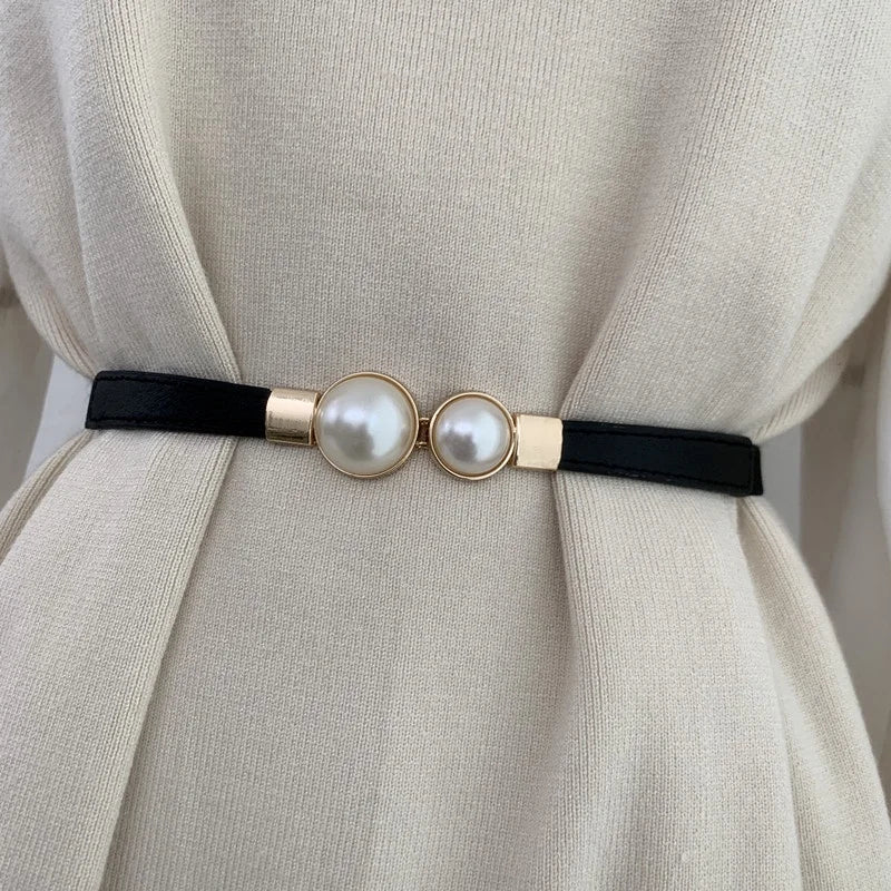 Double Pearl Buckle Elastic Belt – Elegant Thin Strap Waistband for Dresses & Skirts